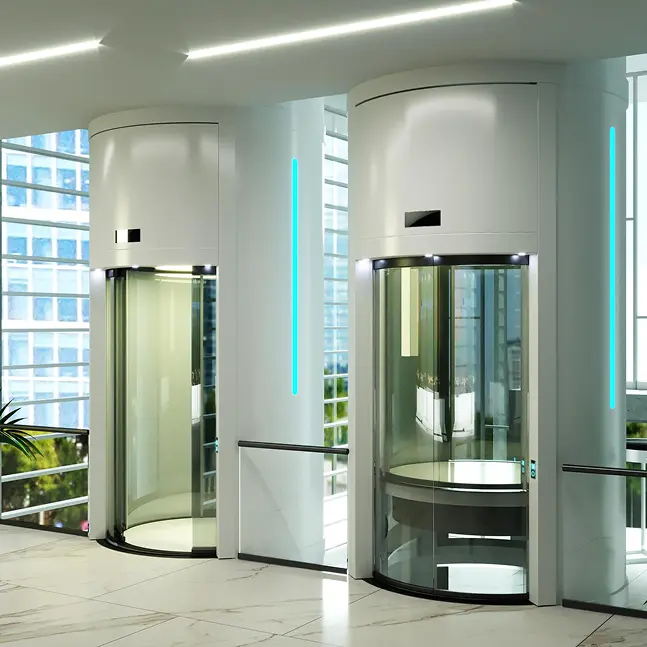 Custom panoramic elevator cabins in a modern interior